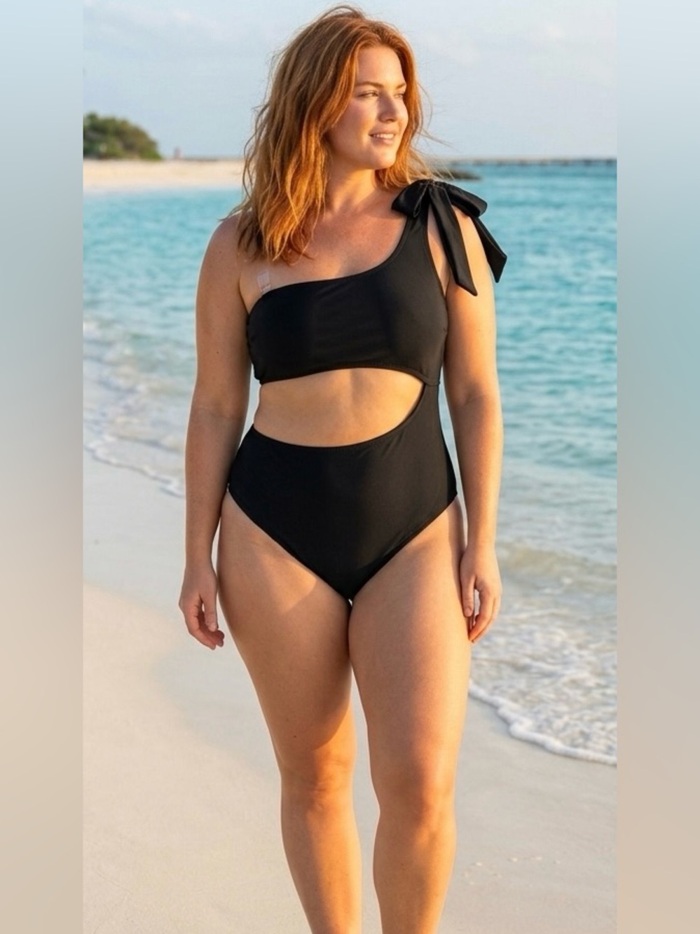 Shade & Shore, NWT, L (12-14), black one-shoulder one-piece swimsuit .